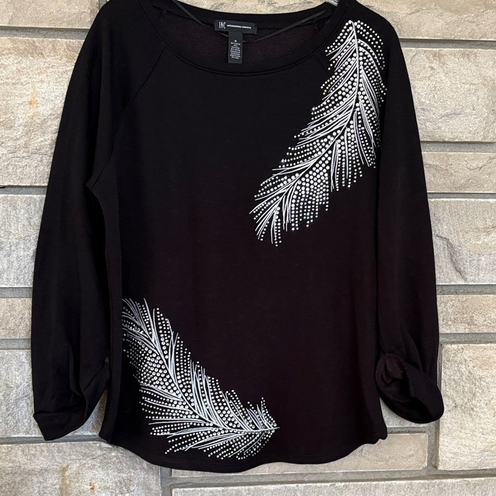 INC International Concepts Black Top with Silver Leaf Design